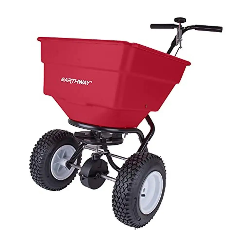 Commercial 100 LB Broadcast Fertilizer Spreader with Adjustable Drop Rate and Super-duty Gearbox Red Walk-Behind Garden Seeder