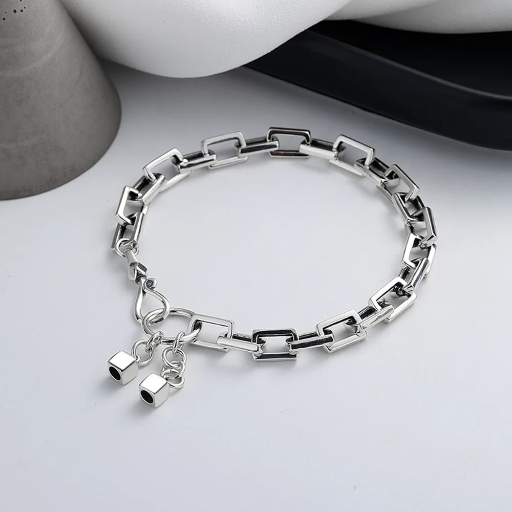 

Real Solid 925 Sterling Silver Chain Women Lucky Beads Long Square Cable Link Bracelet