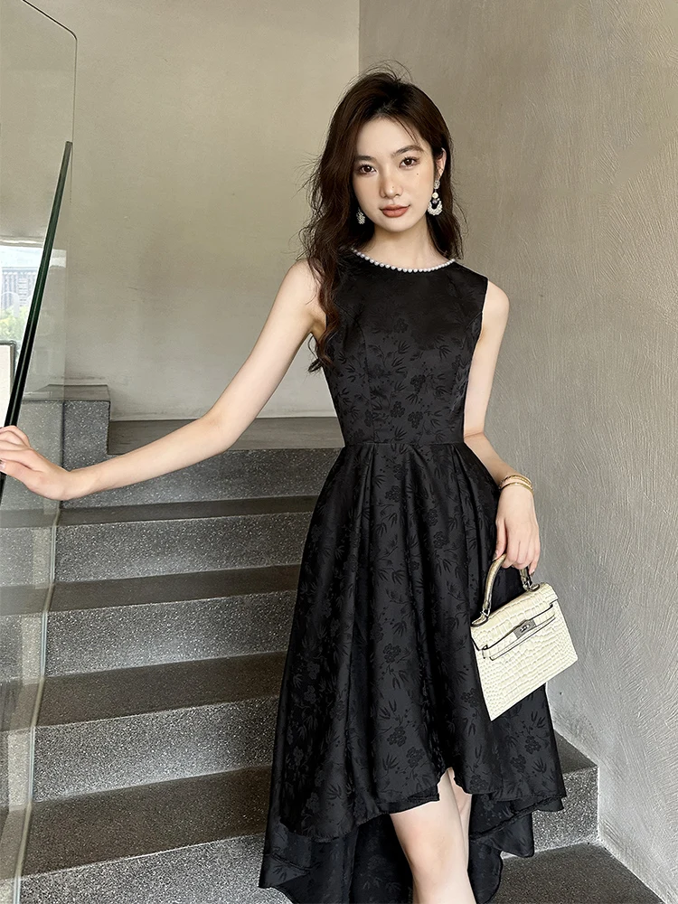 

Элегантное черное женское платье-миди в корейском стиле с молнией на талии для повседневной носки