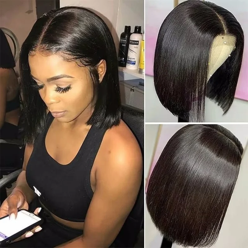 New European and American style middle-parted bobo women's short straight hair , slightly wavy, heat-resistant synthetic wig,