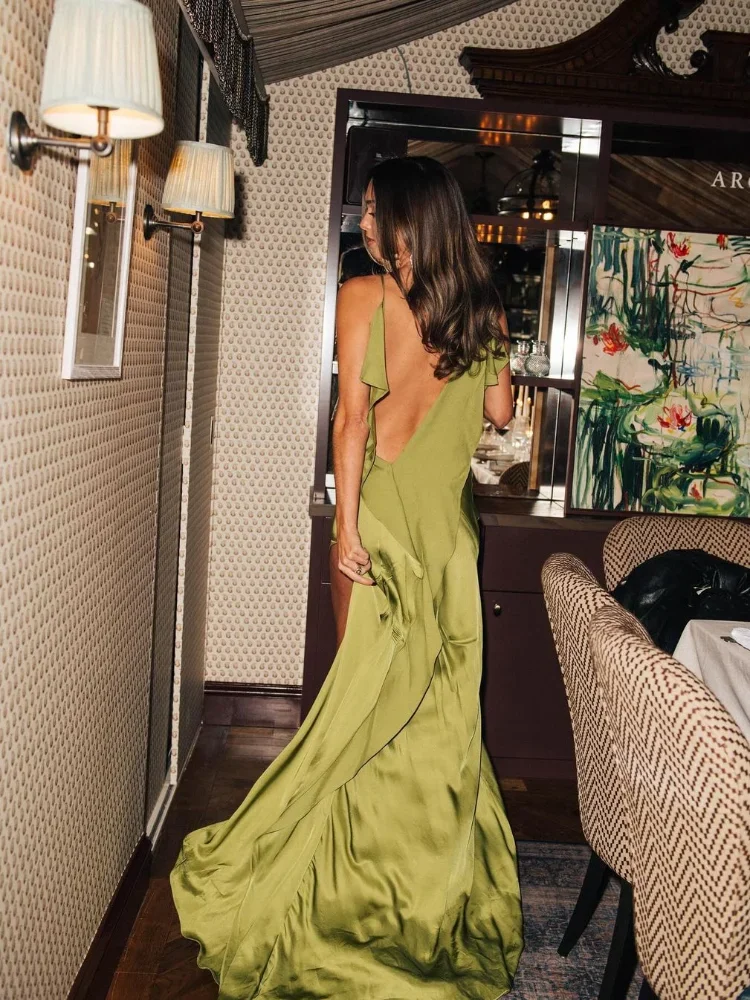 Elegant Green Satin Ruffles Sling Long Dress Women Sexy Backless Sleeveless Split Slim Dresses Lady 2025 New Party Club Vestidos