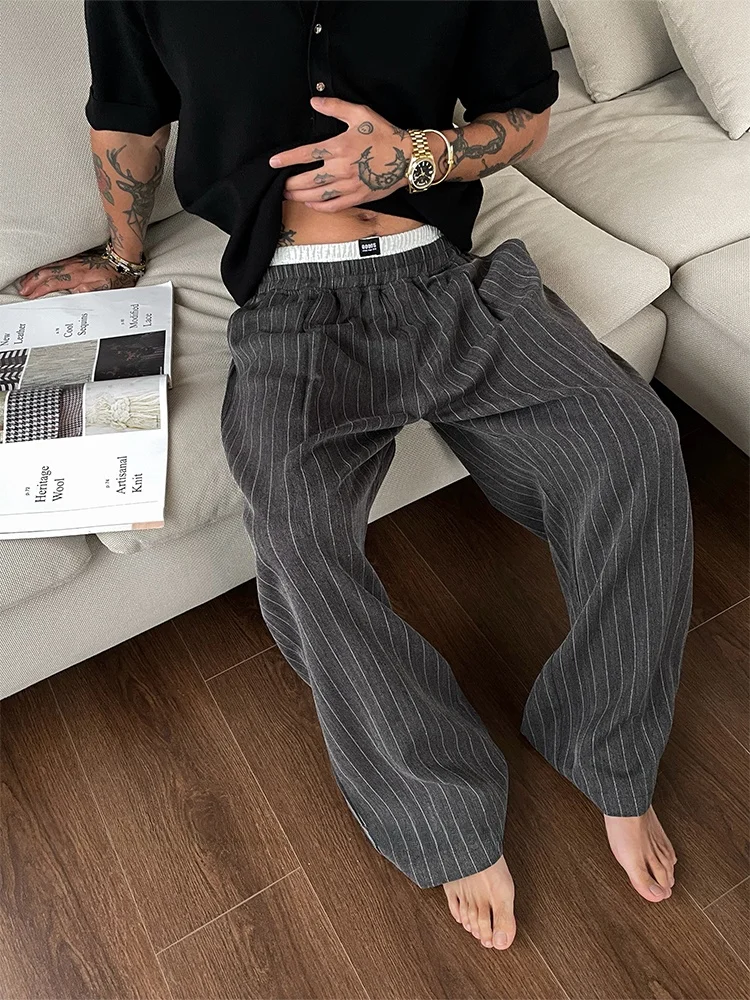 American Retro Striped Casual Men's Summer New Straight Loose Wide Leg Long Pants Trendy Straight Leg Pants Polyester Cotton