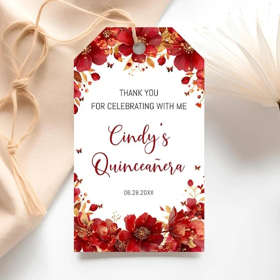 Etiqueta de recuerdo de fiesta de quinceañera floral roja y dorada, etiqueta de regalo de agradecimiento de mazo, etiqueta de regalo de mazo, fiesta de mis quinceañera, etiquetas personalizadas