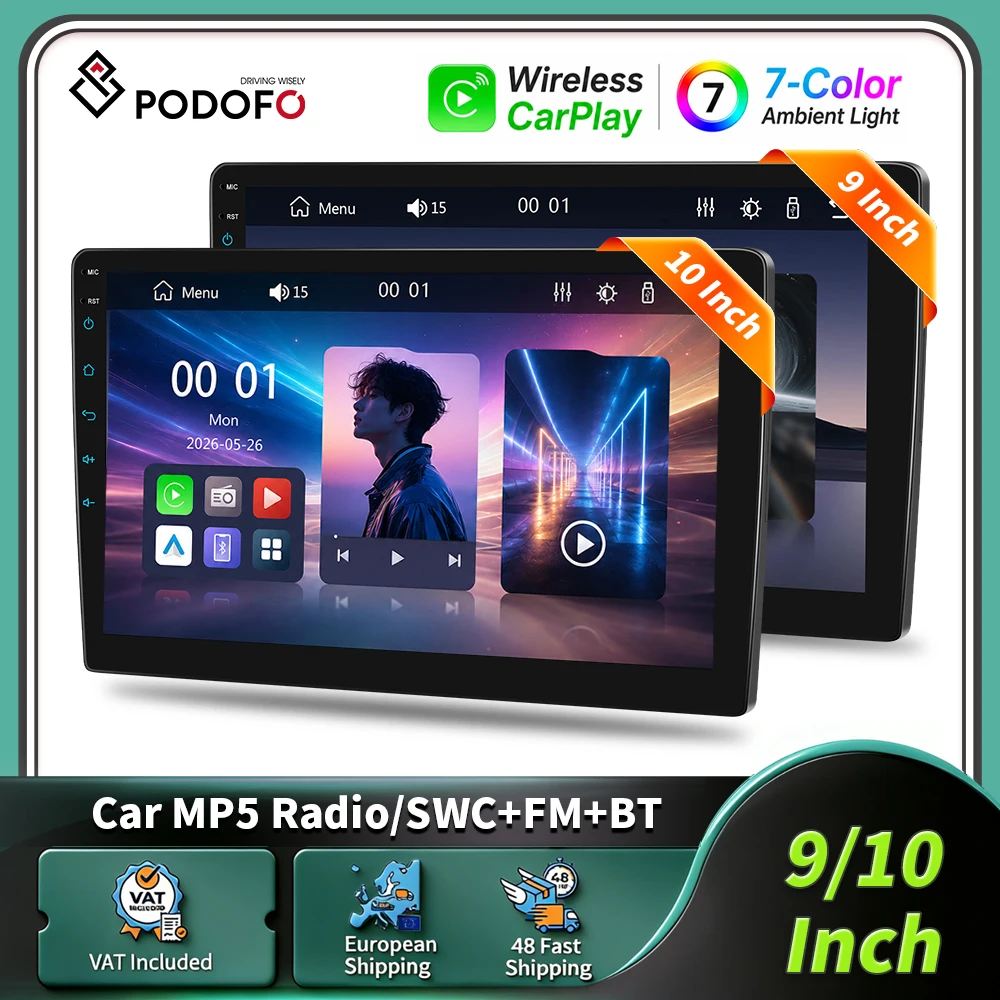 Podofo 9" 10" 2Din Auto-MP5-Player mit Wireless Carplay, Android Auto, Universelles Stereo-Radio, MirrorLink, HD-Touchscreen, Smart Driving System, GPS-Navigation, EQ, DVR, BT-Headunit