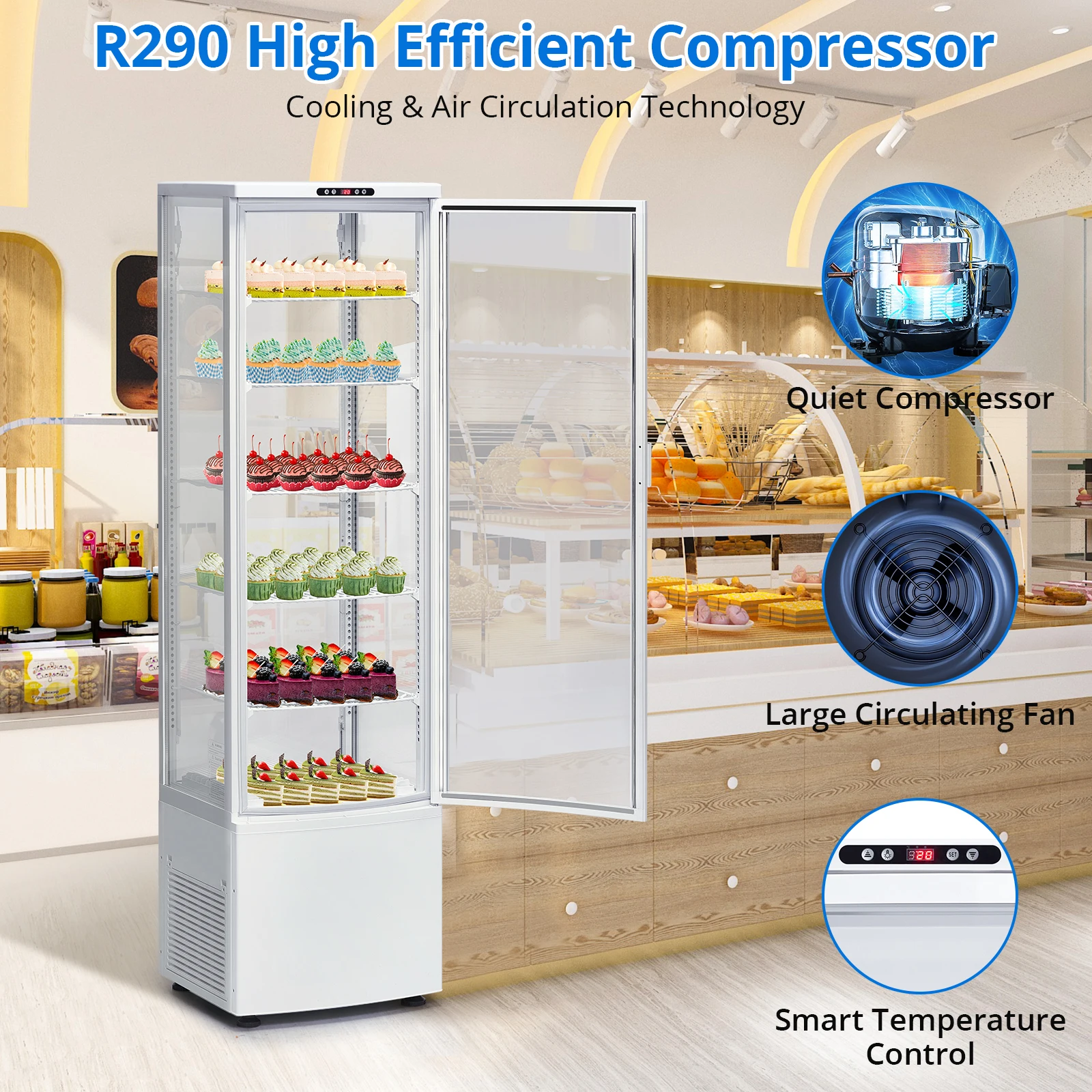 9.8 Cu.Ft 상업용 냉장고 디스플레이 케이스, 단일 문짝 페이스트리 디스플레이 케이스, 내부 LED 조명, 이중 레이어