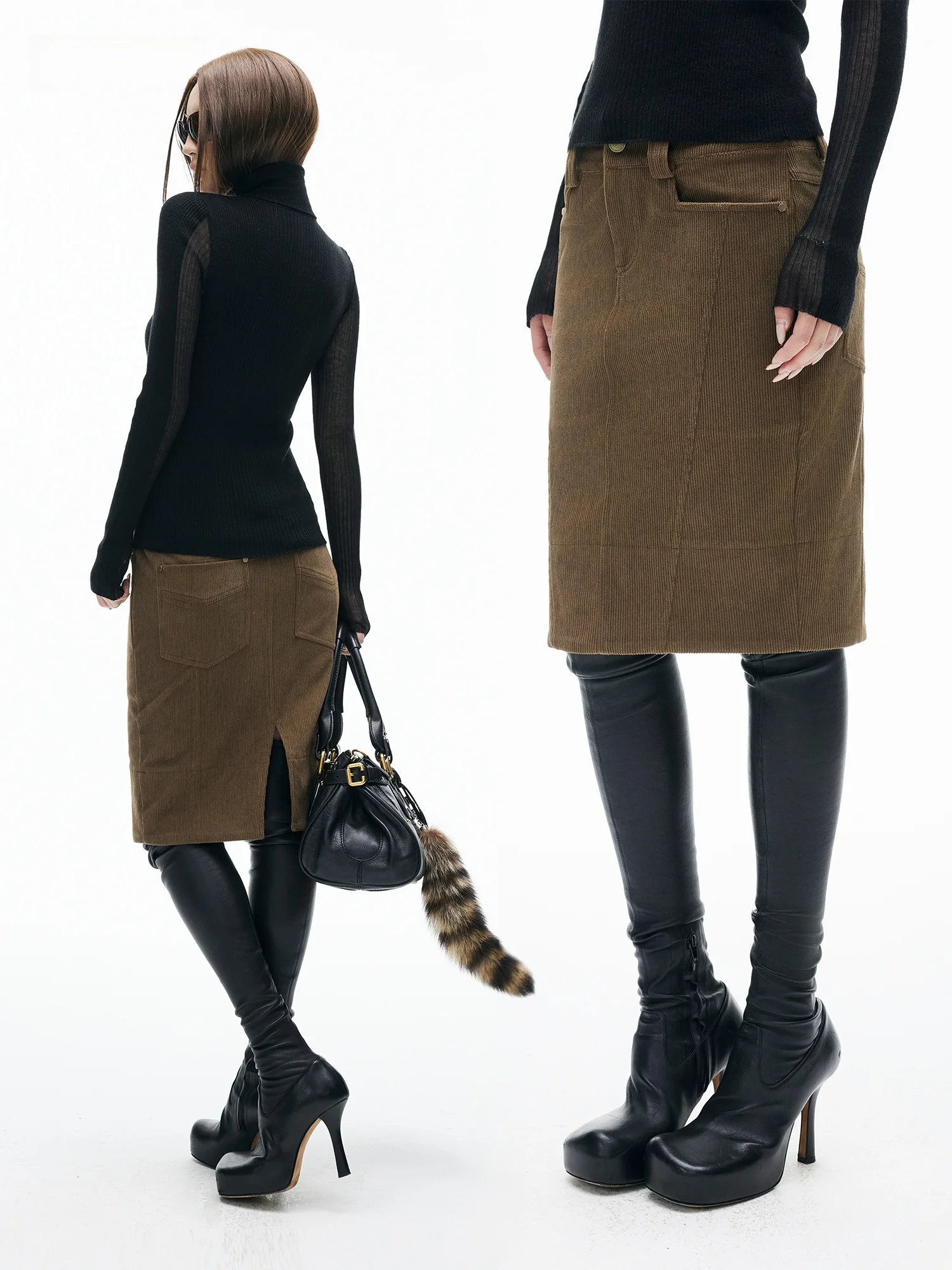 Iamxiaa Vintage 90s  Corduroy Slimming Split Wrap around Back Open Slit Pencil Knee Length Half Skirt Casual Women's...