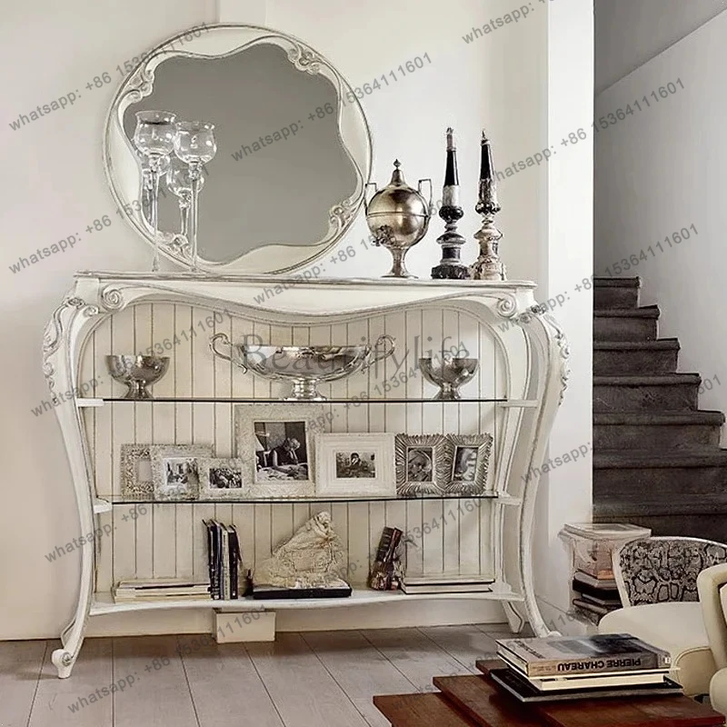 

French Luxury Solid Wood Carving Entrance Cabinet Villa Luxury Restaurant Side Cabinet Display Shelf Shelf