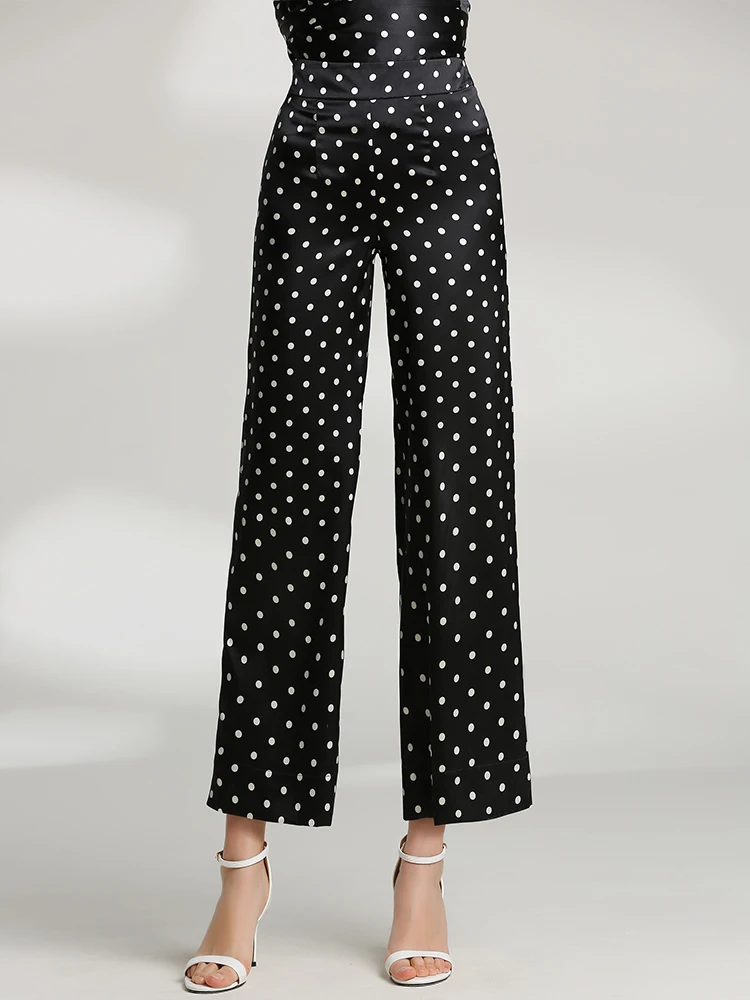 

Silk Straight Leg Pants Women's High Waist Wide Leg Pants Cheered Design Nine Points Bla Polka Dot Silk Pants Summer 2025