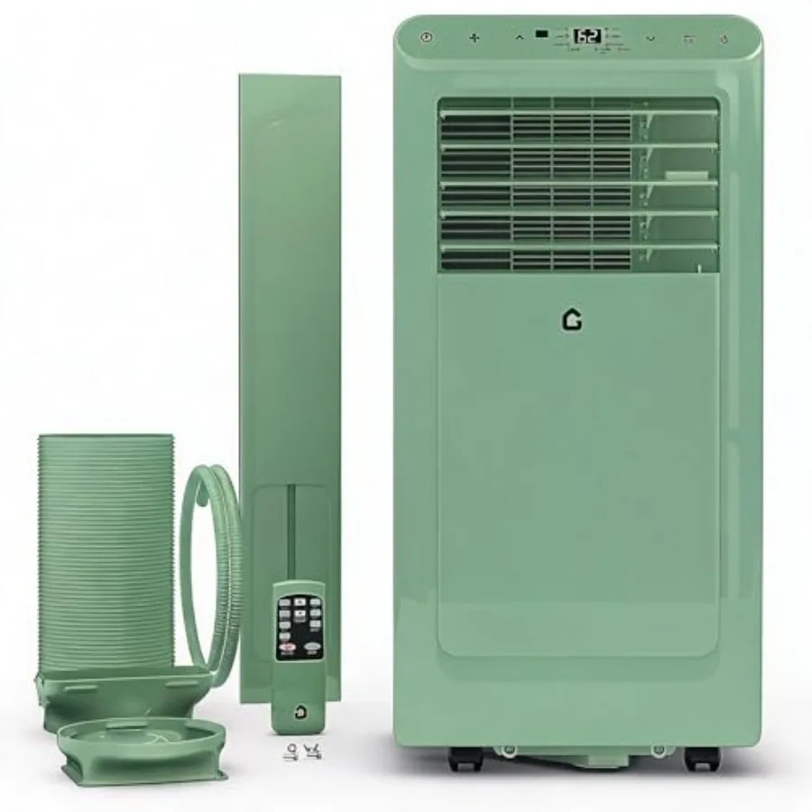 Large room portable AC unit: 8000 BTU, cooling/dehumidify/fan modes, white plastic housing, quiet 3-speed operation with auto s