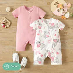 PatPat 2-Pack Naia Baby Girl Cotton Elephant Print/Pink Zipper Design Short-sleeve Rompers Suitable for Summer Season