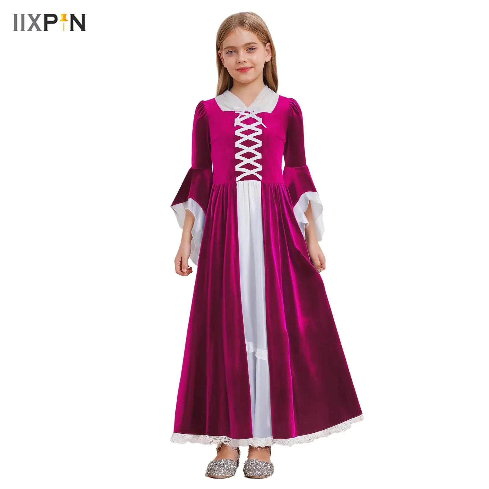 

Girls Medieval Princess Dress Color Contrast Patchwork Long Bell Sleeve Ruffled Lace Trim Maxi Dress for Halloween Party Cosplay
