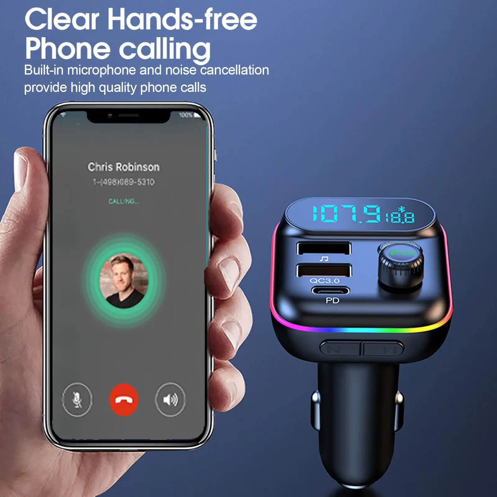 Car Bluetooth MP3 Player QC3.0 Fast Charging Wireless FM Radio Transmitter Music Playback Colorful Atmosphere Light Display