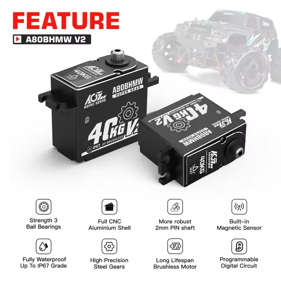 AGF A80BHMW V2 Robust Steel Gears 8.4V 40KG 0.085Sec Programmable Waterproof BLS RC Servo for 1/10 Scale Crawler Buggy Truck