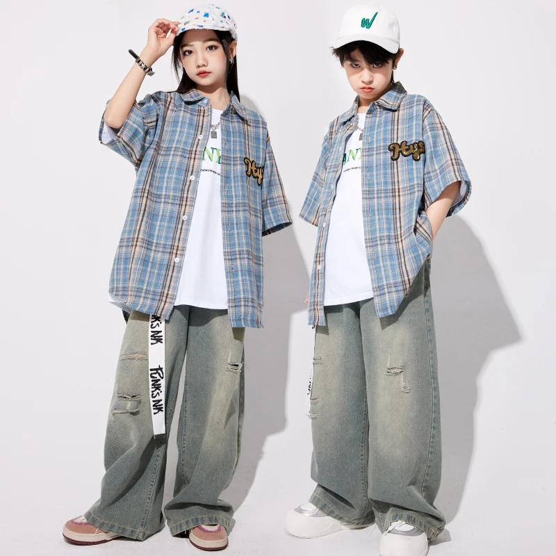 Boys Hip Hop Outfits Stripe Shirt Cargo Pants Girls Street Dance K-pop Pants Children Streetwear Clothes Sets Kids Jazz Costumes