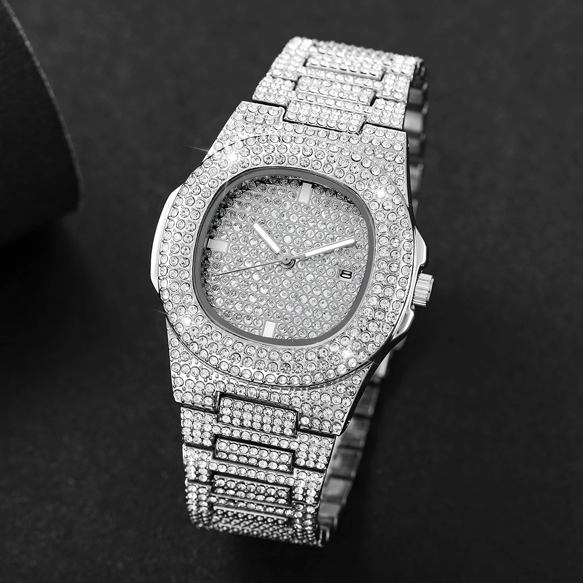 Luxury Full Diamond Men's Stainless Steel Watches Male Sports Quartz Wristwatch with Calendar image 5