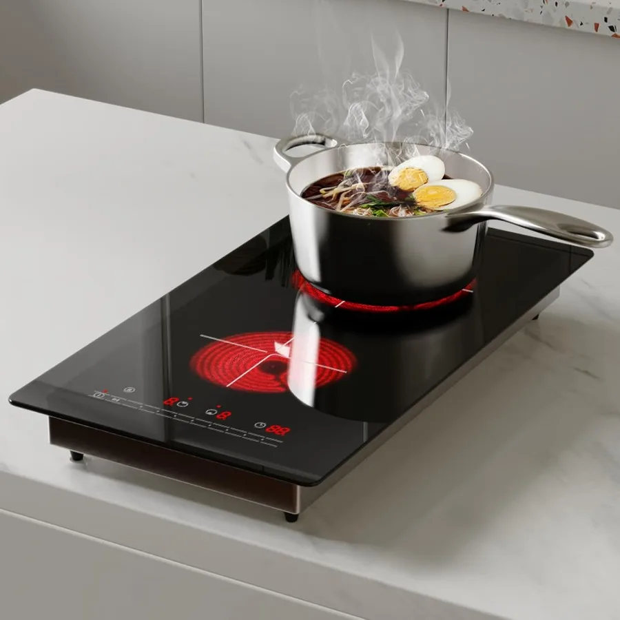 

12-дюймовая электрическая варочная панель с 2 конфорками, электрическая плита мощностью 2000 Вт, вилка для современной кухни, черная