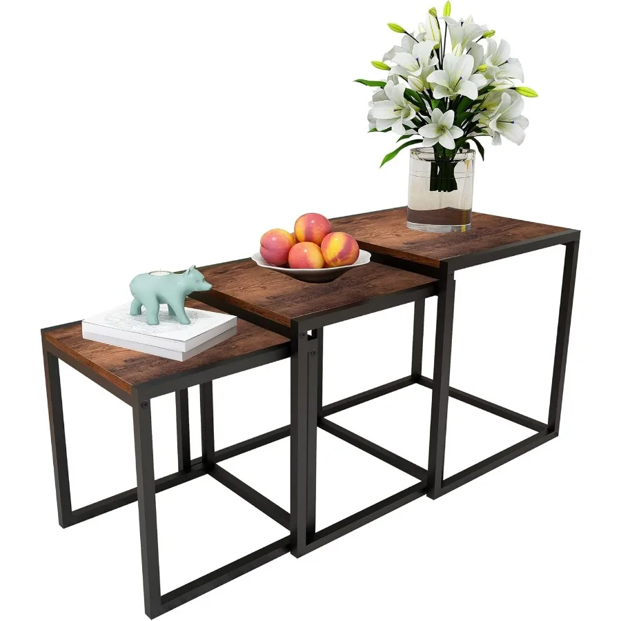 

Nesting Table Set of 3 Side Tables Modern Coffee Table Stacking End Table with Metal FrameBrown