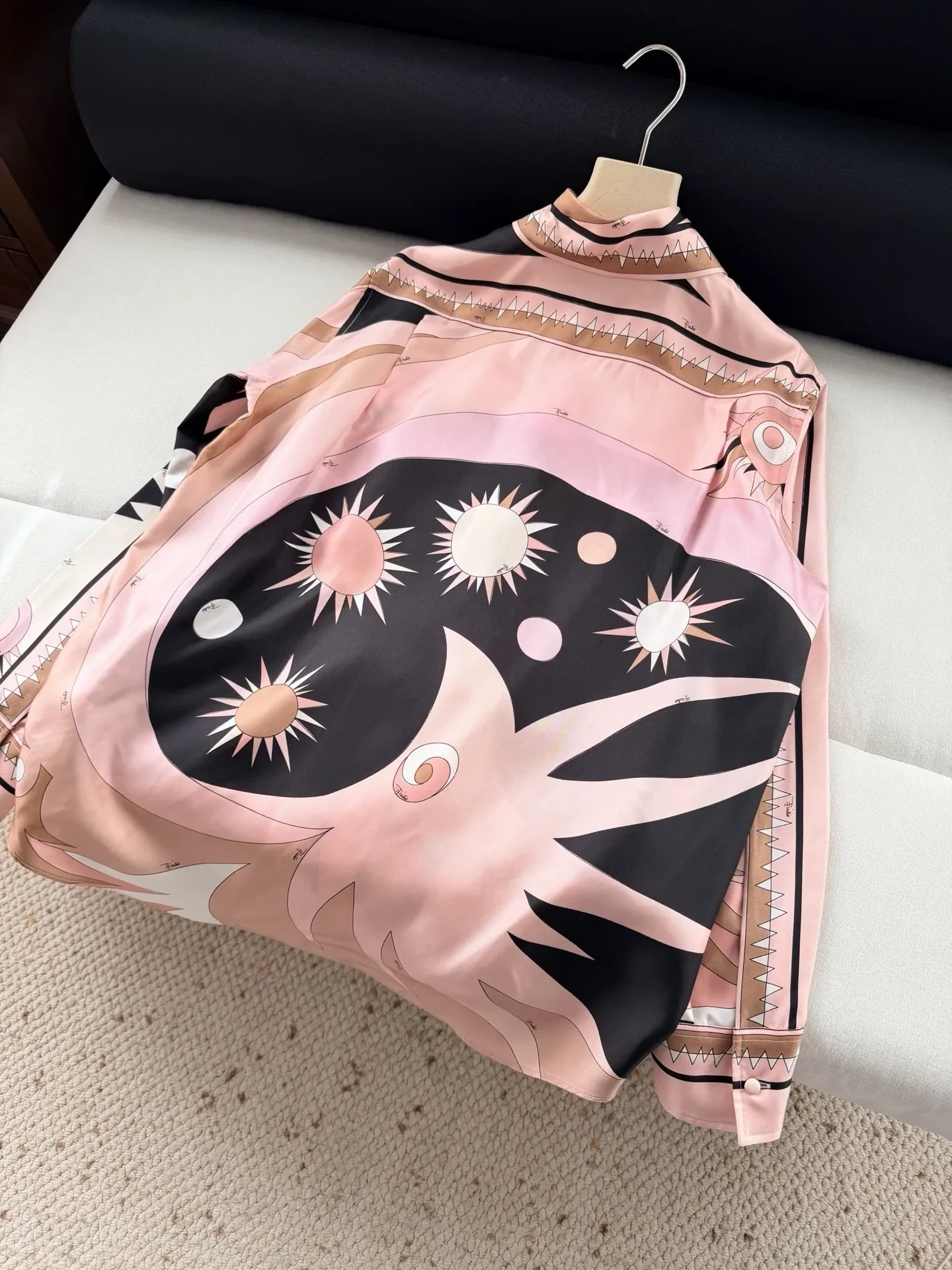 

Patterned Positioning Printed Women Pink Shirt Single Breasted Turn-down Collar Long Sleeve Loose 100% Silk Blouse Top