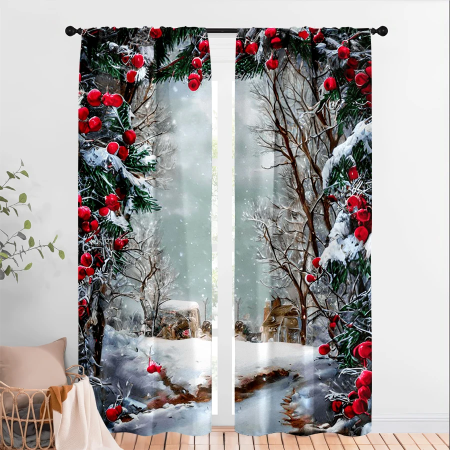 2PCS Christmas Winter Curtains, Snowy Forest Berry, Digital Print, Bedroom Living Room, Rod Pocket, Polyester, Home Decor