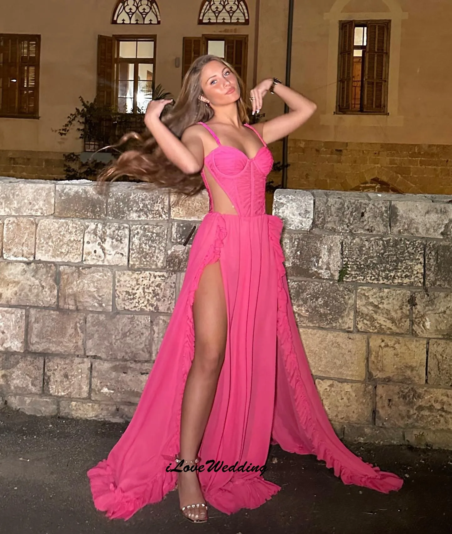 

Barbie Pink V-Neck Sexy Prom Dresses 2025 A-Line Chiffon Ruffles Wedding Party Dress For Women Guest Sweep Train Customized