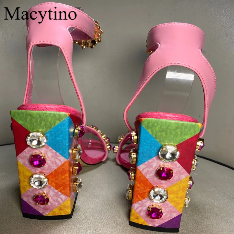 Stud Print Ladies High Heel Sandals Round Toe Chunky Heel High Heel Sandals Fashion Party High Heel Sandals