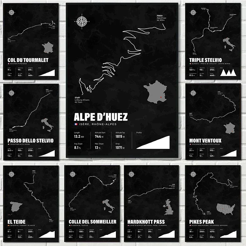 Radsport-Kletterstrecken Dunkles Poster Alpe D'Huez Frankreich Karte Leinwanddruck Wandkunst Fahrrad Radsportrennen Heim Raumdekoration