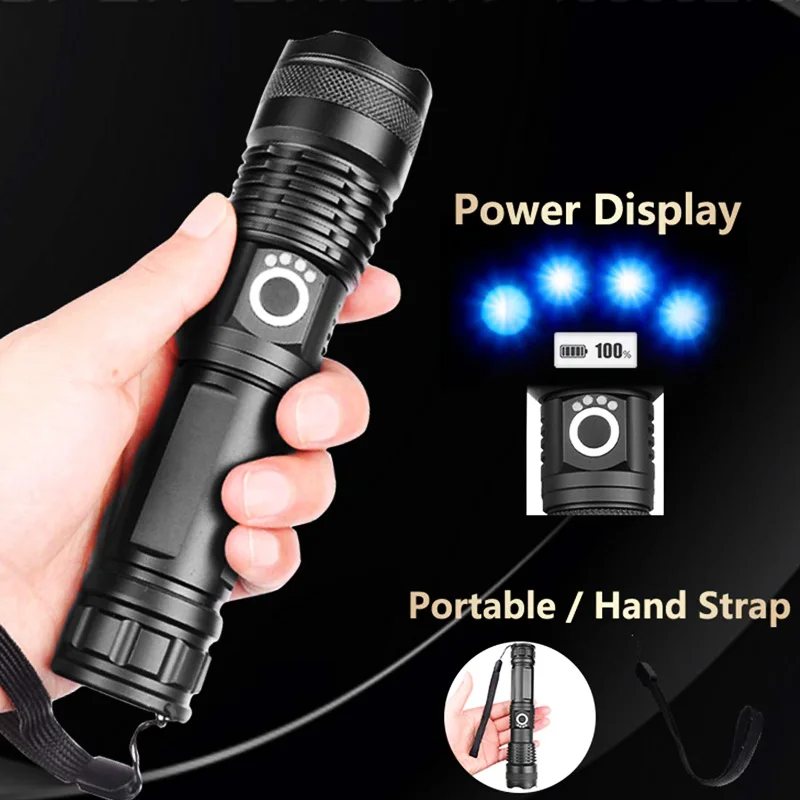 T20 LED Flashlight XHP50 Powerful High Lumens 18650 USB Rechargeable LED Torch Zoomable Light XHP50 Flashlight for Outdoor