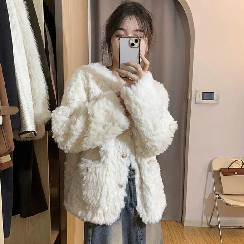 

Autumn Winter New Lambswool Coat Women 2025 Fur White Jackets Harajuku Gothic Vintage All-match Tops Mujer Harajuku