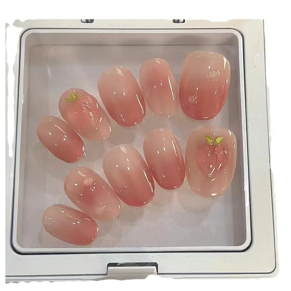 10 pçs bonito 3d fruta imprensa em unhas cor curto unhas falsas com estrela strass design destacável cobertura completa dicas de unhas verão