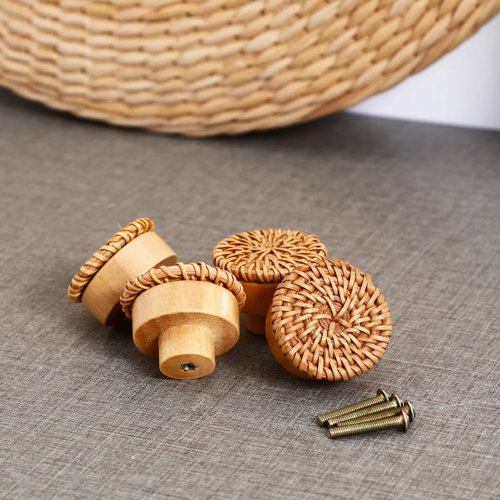 4Pcs Rattan Wood Drawer Knobs Boho Woven Pattern Elegant Natural Look Dresser Cabinet Cupboard Pulls Easy Installation Hardware