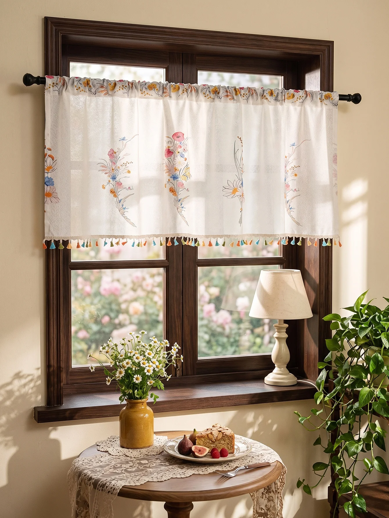 Boho Wildflower Tier Curtain, Multicolor Botanical Print Light Filtering Cafe Curtain with Tassel Trim
