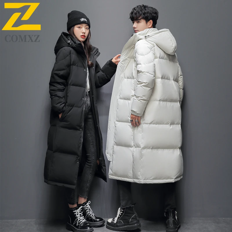 سترة COMXZ الفاخرة للجنسين بلون سادة مع قلنسوة للمشي لمسافات طويلة والسفر معطف طويل دافئ عالي الجودة من ريش البط الأبيض للشتاء #4