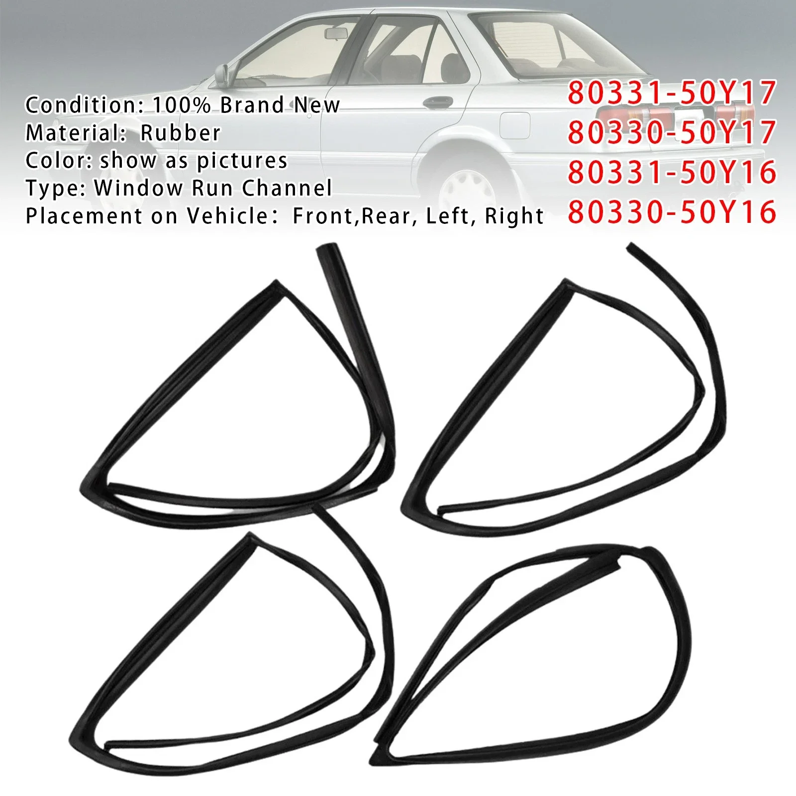 4PCS Set Car Glass Run Channel Seal For Nissan Sunny Sentra Tsuru B13 1990-1994 80330-50Y16 80330-50Y17 Replacement Auto Parts