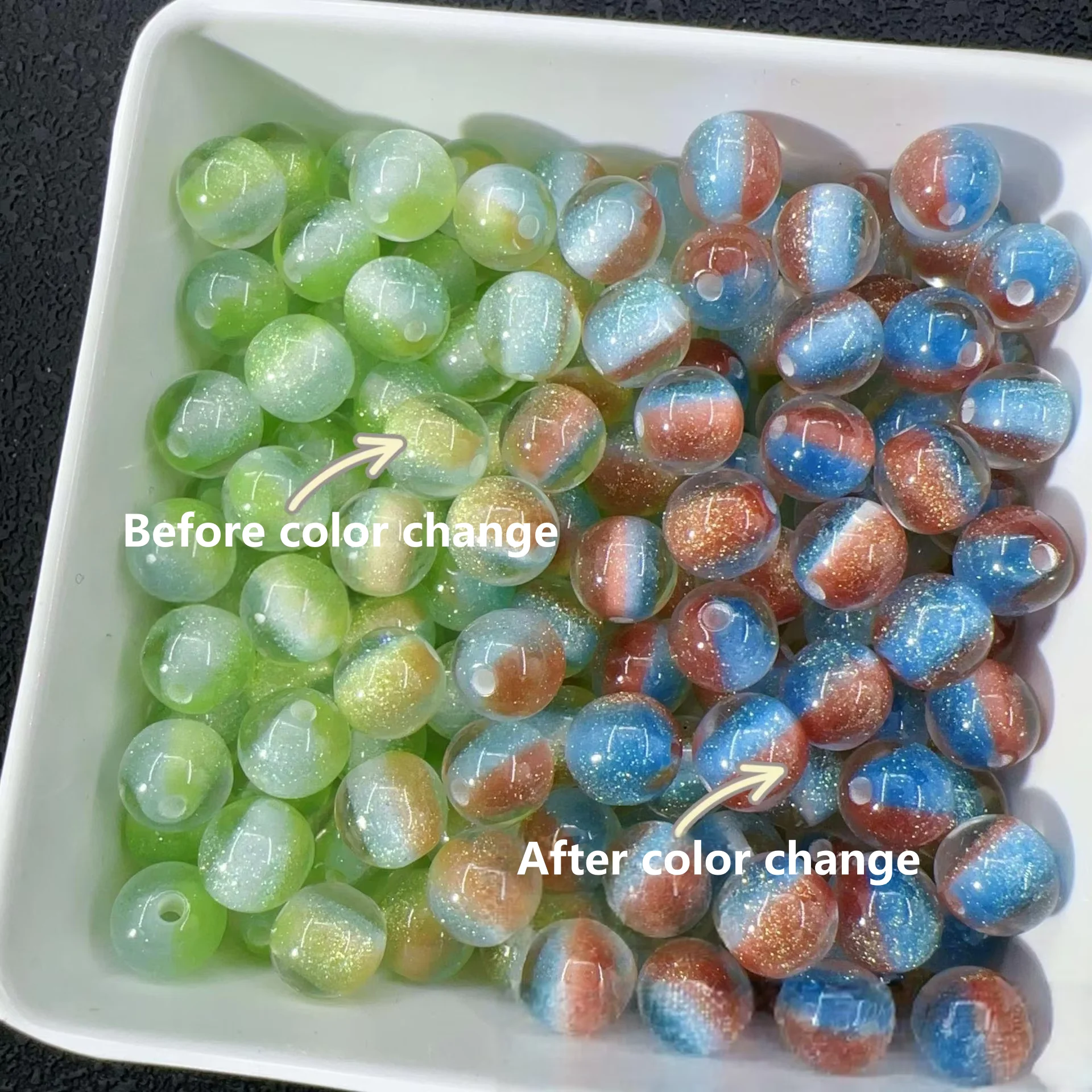 20Pcs 8-10mm Mermaid Fine Glitter Resin Round Beads Color Changing Luminous Two Tone Core Beads For Craft Jewelry Making