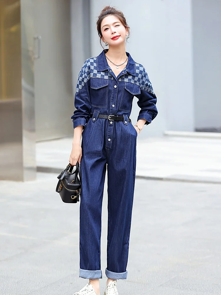 

La Chapelle Faion Лоскутный джинсовый комбинезон, женский весенне-осенний новый утягивающий комбинезон с высокой талией, хлопковые прямые брюки