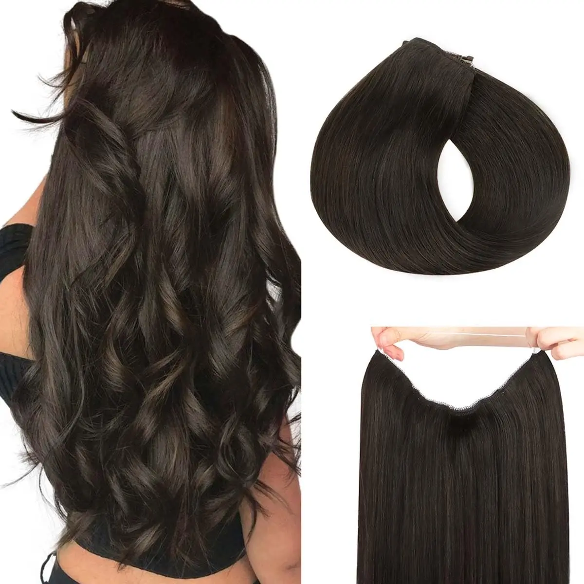 

#2 Wire Extensions Straight Clip In Hair Extensions 100% Human Hair Dark Brown Fish Line One Piece Clip In Human Hair Extensions