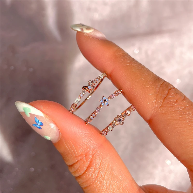 Aide 925 Sterling Silver Colorful Zircons Flower Butterfly Rings For Women Stunning Summer Jewelry Thin Circle Stackable Rings