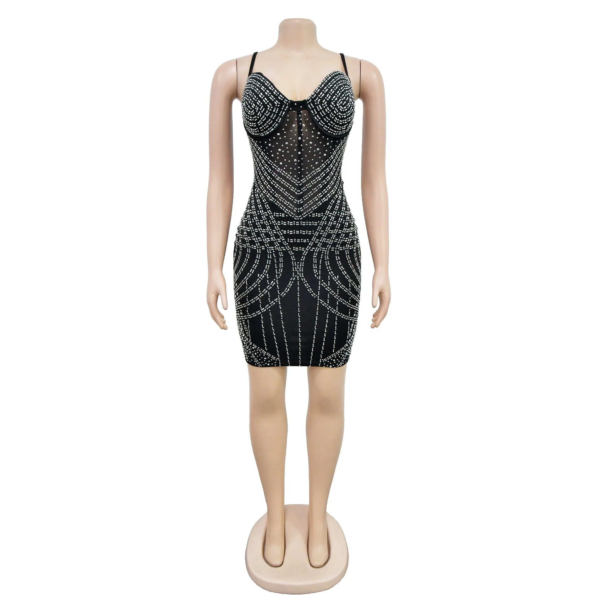 Clothing 2023 Mesh See Though Diamonds Spider Pattern Strap Sleeveless Bodycon Midi Dress for Women Birthday Sexy Club Party