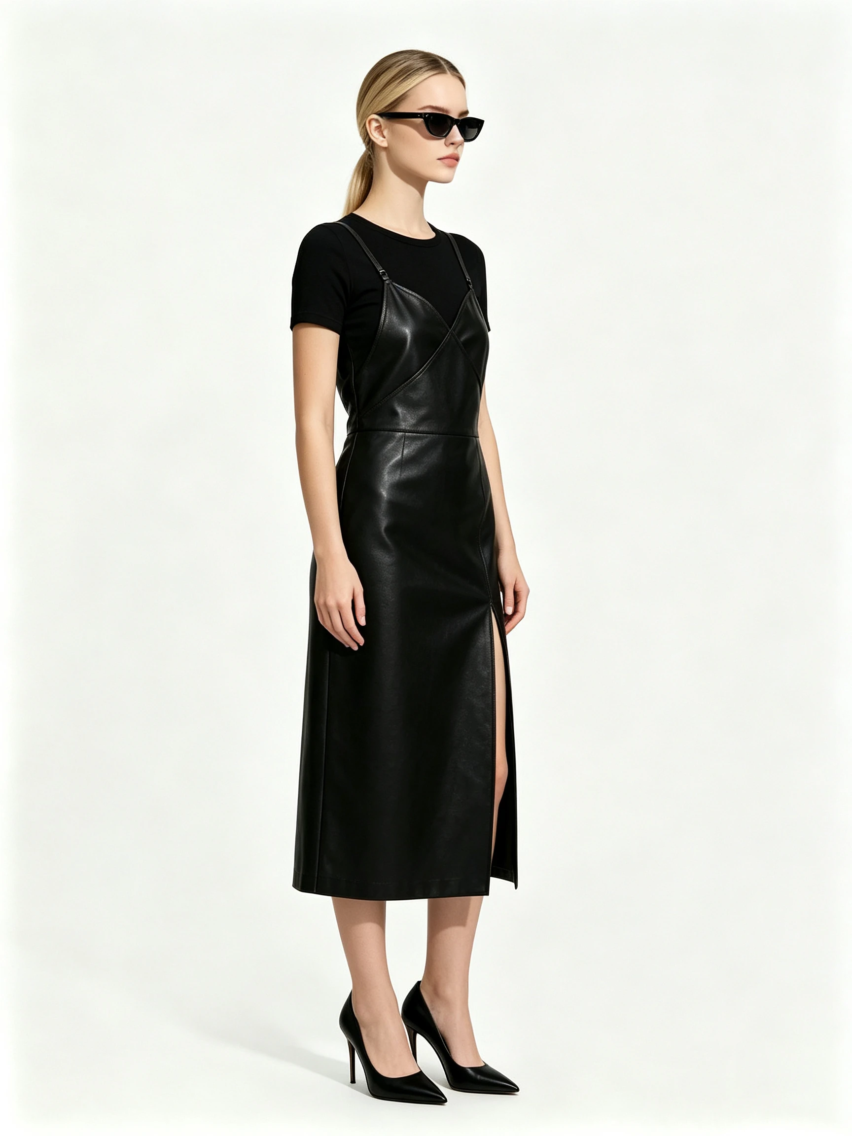 Women's Faux Leather V-Neck Slip Midi Dress with High Slit and Adjustable Straps for Party