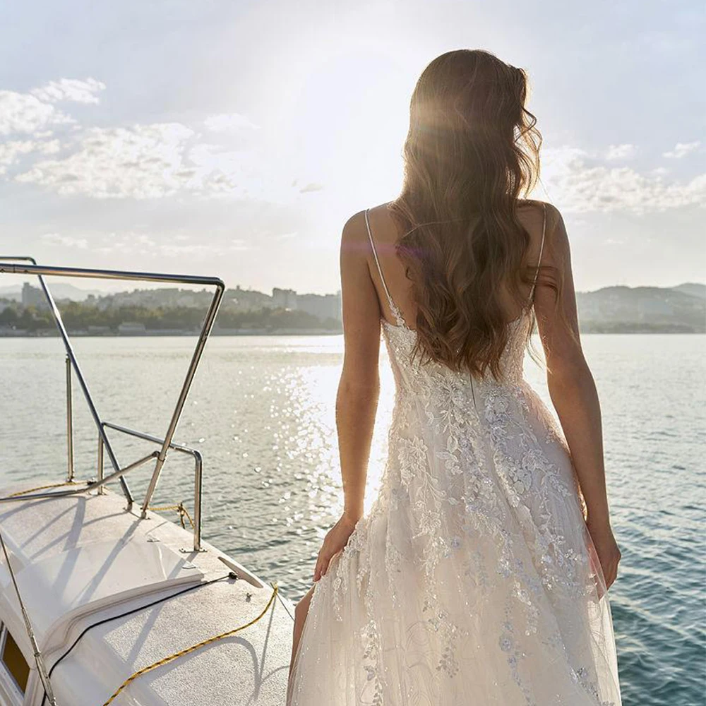 Vestidos De Novia con abertura lateral para mujer, traje Sexy sin mangas con lentejuelas y tirantes finos, para verano, 2024