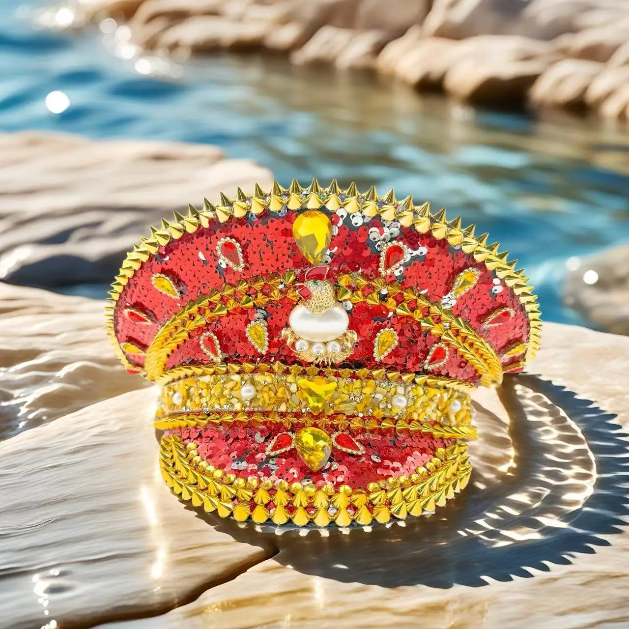 HongLuan Red Glitter Captain Hats Rhinestone for Music Festival Woman, Carnival Costume Hat Adult, Cosplay Female Accessories