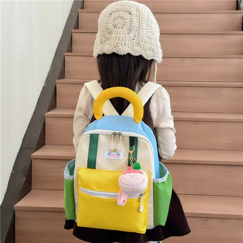 Primary Girl School Backpacks Cute Children's Backpack Patchwork Handbags for Boys Travel Storage Bag with Doll Pendant 4-8Y