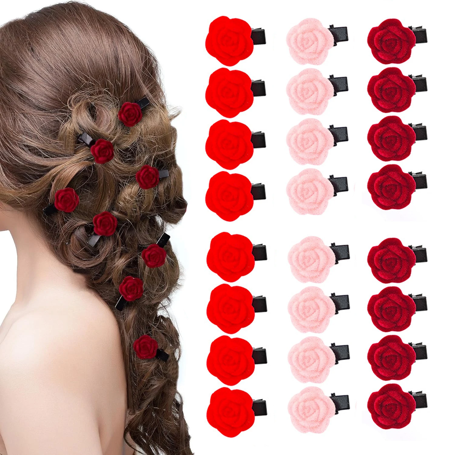 12 pieces small red velvet rose hair clips for women Korean flower hairpins elegant girl hair clips hair accessories barrettes