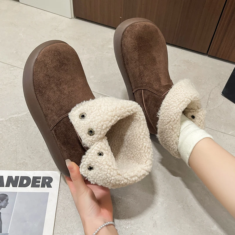 سميكة سوليد المرأة أحذية الثلوج 2025New الخريف الشتاء الصوف مبطن سميكة أحذية قطنية المرأة الدفء الفراء أحذية بوت قصيرة