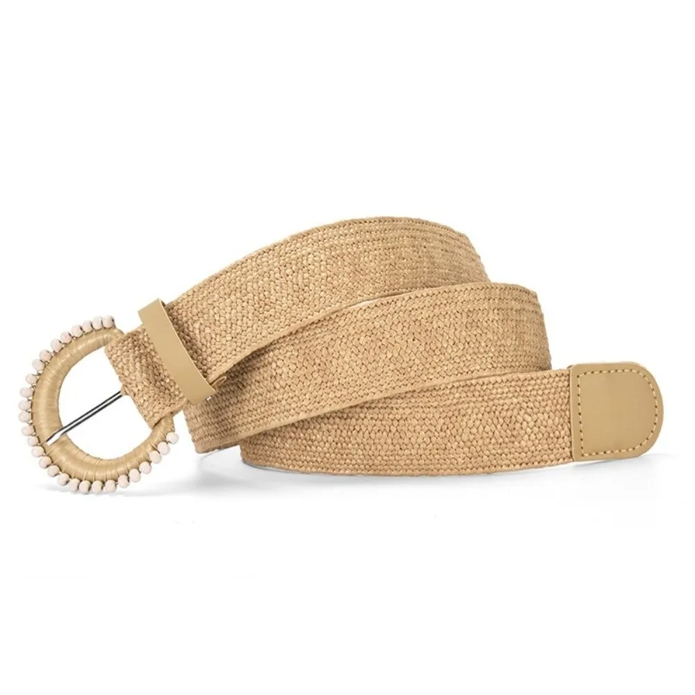 Retro Braided Elastic Belt Faux Pearl Decor Bohemian Style Woven Elastic Belt Adjustable Durable Needle Buckle Belt for Women