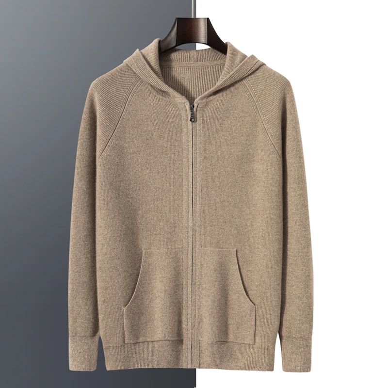 2025 Sweater Men's Cardigan Hoodies 100% Pure Cashmere 2025 Fall Winter Warm Long Sleeve Zip Sweatshirt Sport Hooded Jacket