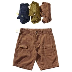 Summer Cargo Men's Shorts Retro Corduroy Trendy Solid Color Loose Casual Sports Straight Shorts Large Size Multi-pocket Shorts