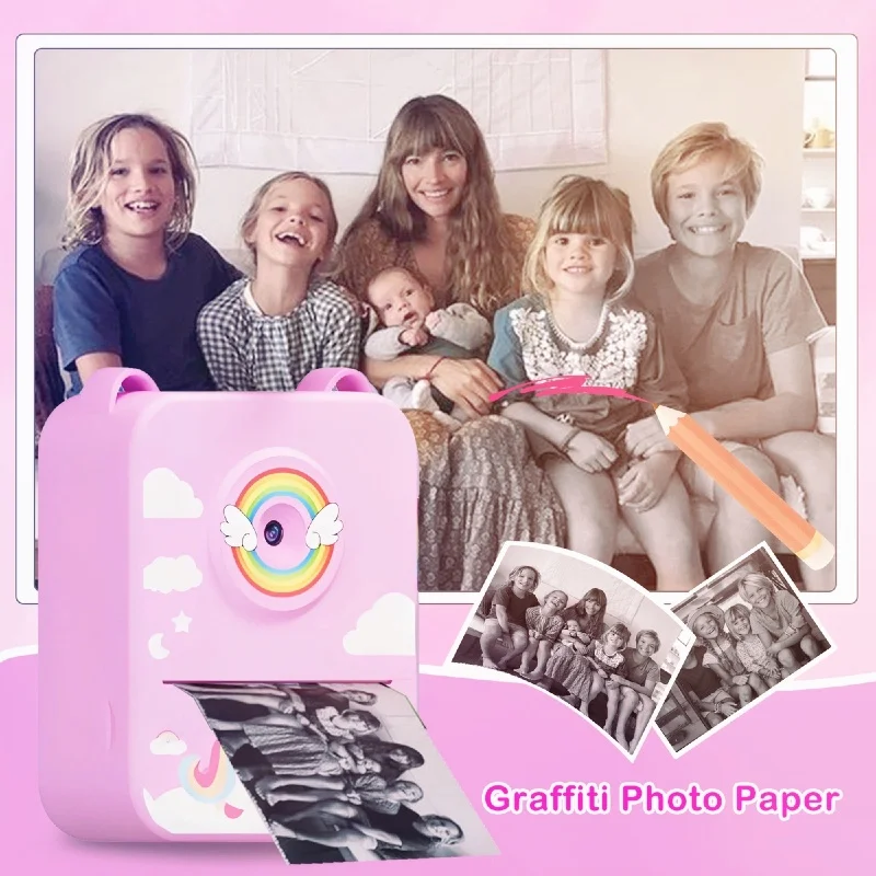 Digitale kindercamera voor fotografie Miniprinter Draagbare thermische instant print Foto Kindercamera Eenhoorn HD Video Speelgoedcadeaus