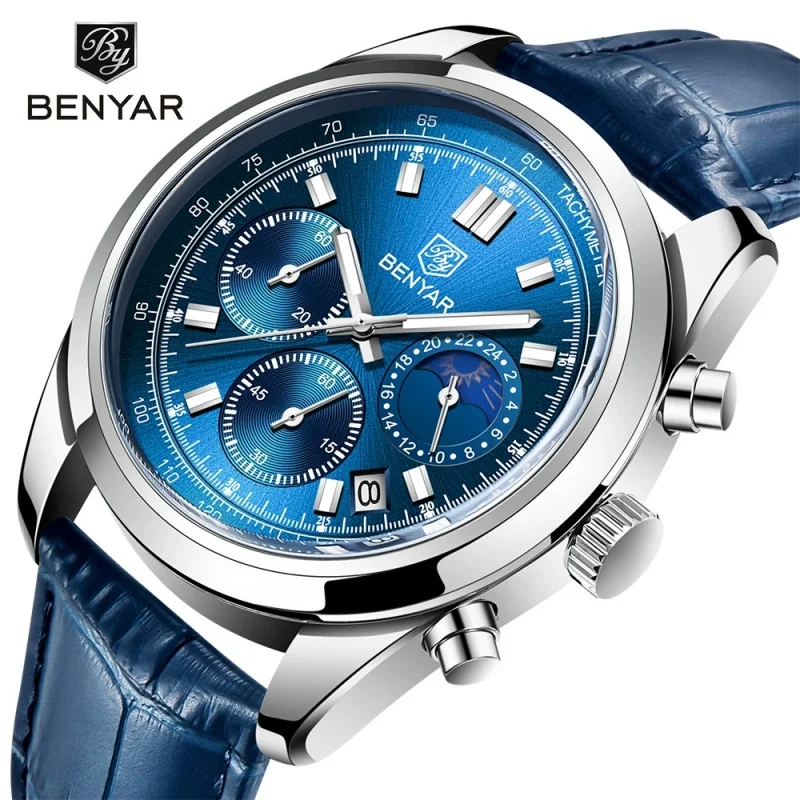 

BENYAR 5193 Fashion Brand Men Watch 5ATM Waterproof Multi Functional Calendar Moon Phase Quartz Luxury Leather Timing Watches