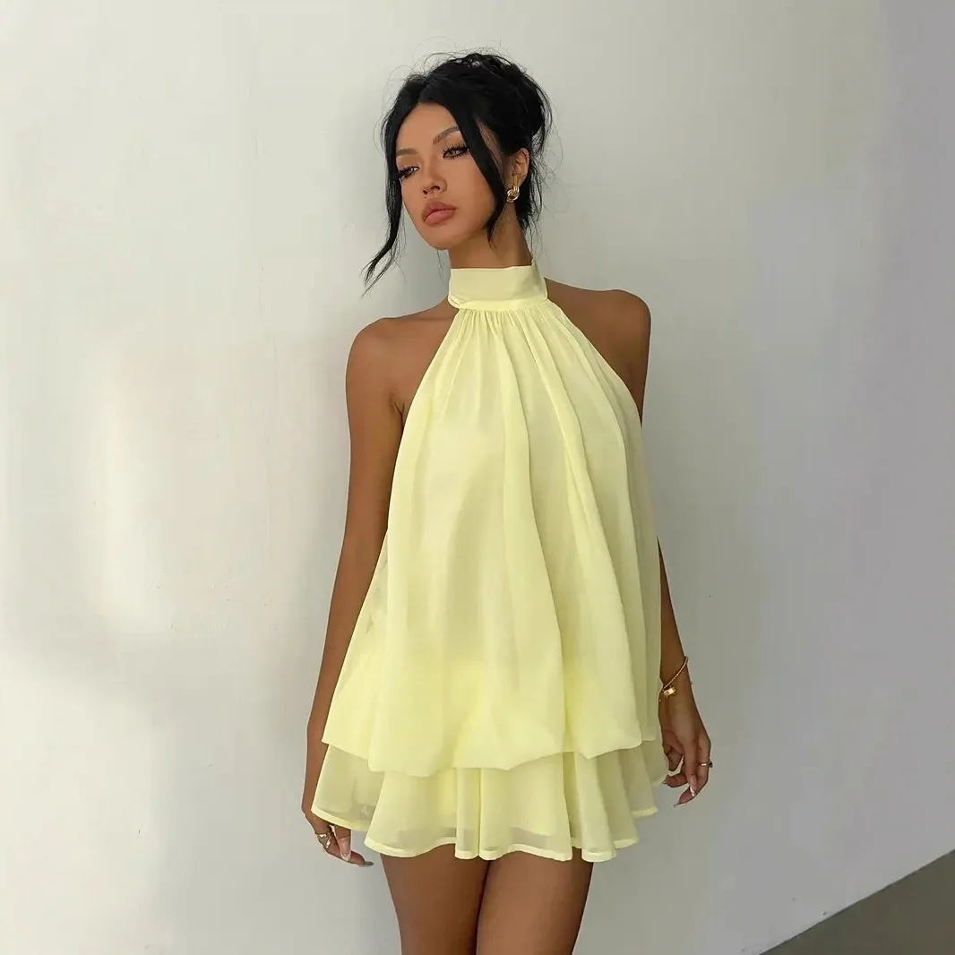 Damesjurk met halternek, chiffon mini-rok met strik aan de voorkant, modieuze sexy Y2K vintage schattige feestjurk voor verjaardagen